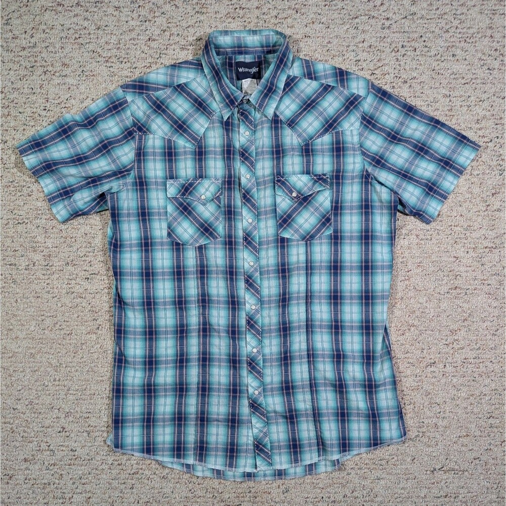 Wrangler Western Shirt Pearl Snap Mens 2XT Tall Blue/Teal Plaid Short Sleeve